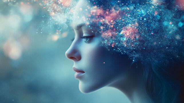 Digital artistry depicting a woman with a cosmic and vibrant background. Generative AI - Powered by Adobe