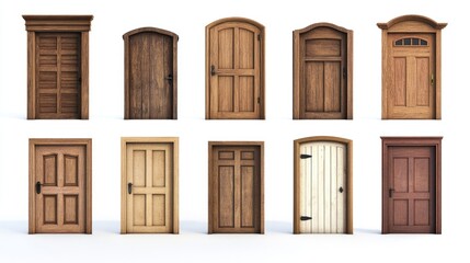 Set of various wooden closed doors isolated cutout on white background. 3d illustration.
