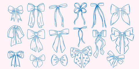 Set of bow in vintage style. Doodle outline bow. Design elegant blue elements