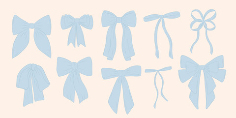 Set of bow in vintage style. Doodle hairpin. Design elegant blue elements