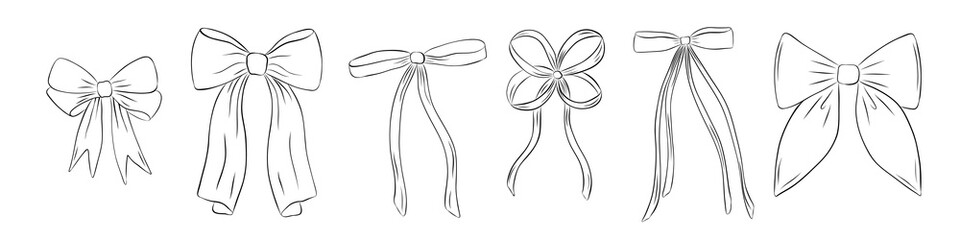 Set of bows in retro style. Doodle outline bow. Design elegant elements	