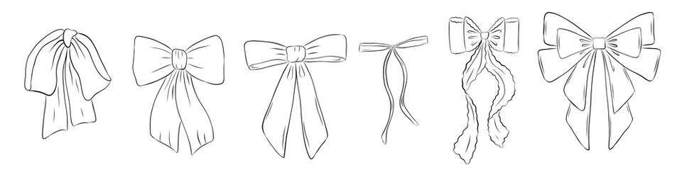 Set of bows in retro style. Doodle outline bow. Design elegant elements	