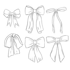 Set of bows in retro style. Doodle outline bow. Design elegant elements	