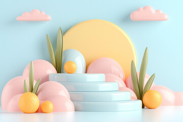 Fototapeta premium Abstract pastel landscape with geometric shapes and sun