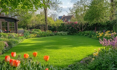 Obraz premium Beautiful well-kept spring garden. The green lawn emphasizes the full bloom of flowers in the mix border.