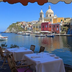 A scenic view of a harbor with various boats moored in the water