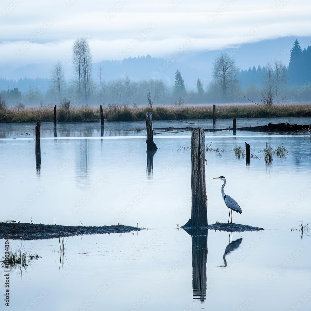 Poster a bird stands alone on the calm surface of a lake, surrounded by serene nature