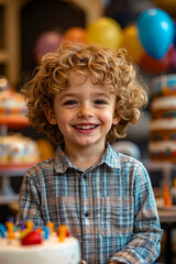 Fototapeta premium A young boy smiles as he sits in front of a birthday cake