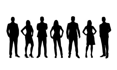 Business men and women, standing business people. Group of isolated vector silhouettes