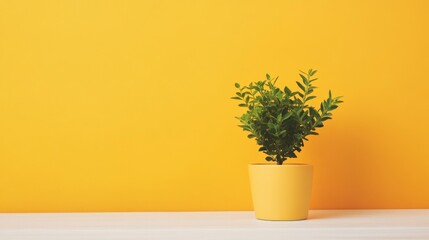 Fototapeta premium Small green plant in yellow pot against yellow wall.
