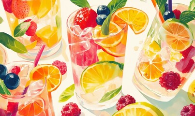 Beverages with fruit in them, bright and inviting.