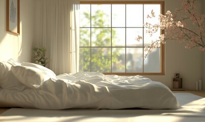 Bed with white sheets and pillows is in a room with sunlight coming in through the window