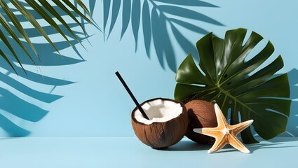 pastel spa background featuring monstera, coconut, and marine inspired accents