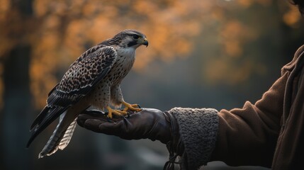 A majestic falcon perches confidently on a gloved hand amidst autumn hues, exuding grace and strength.