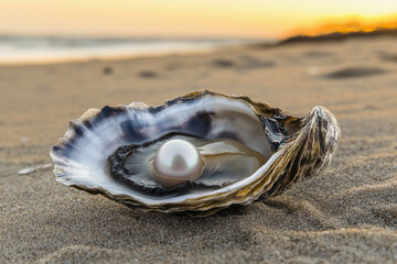 Beautiful pearl nestled in oyster on sandy beach at sunset