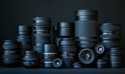 Collection of black photography lenses and accessories stacked on top of each other. Equipment used for taking pictures with precision.