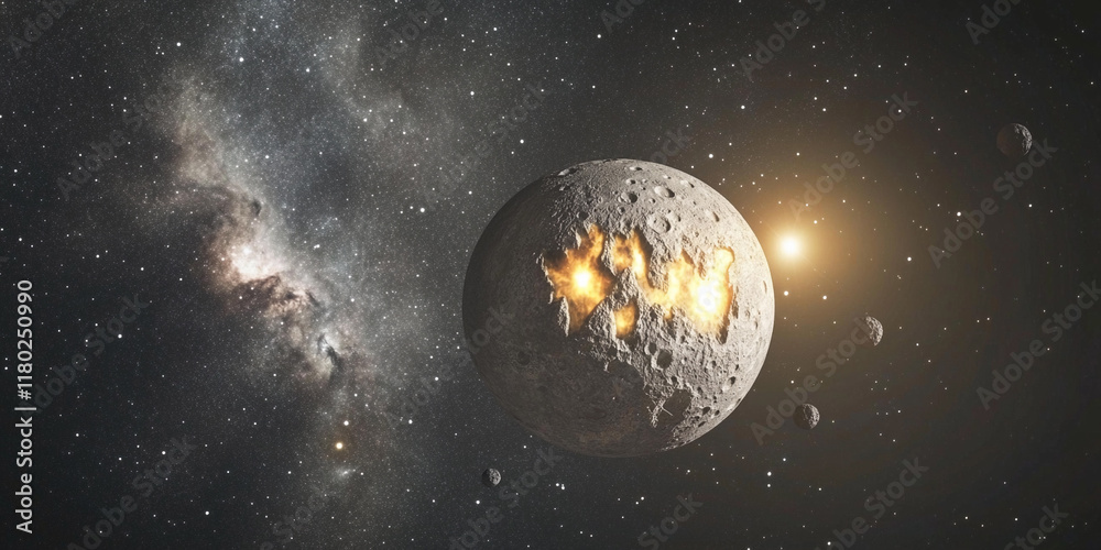 Poster exploration of a cratered moon in a distant galaxy