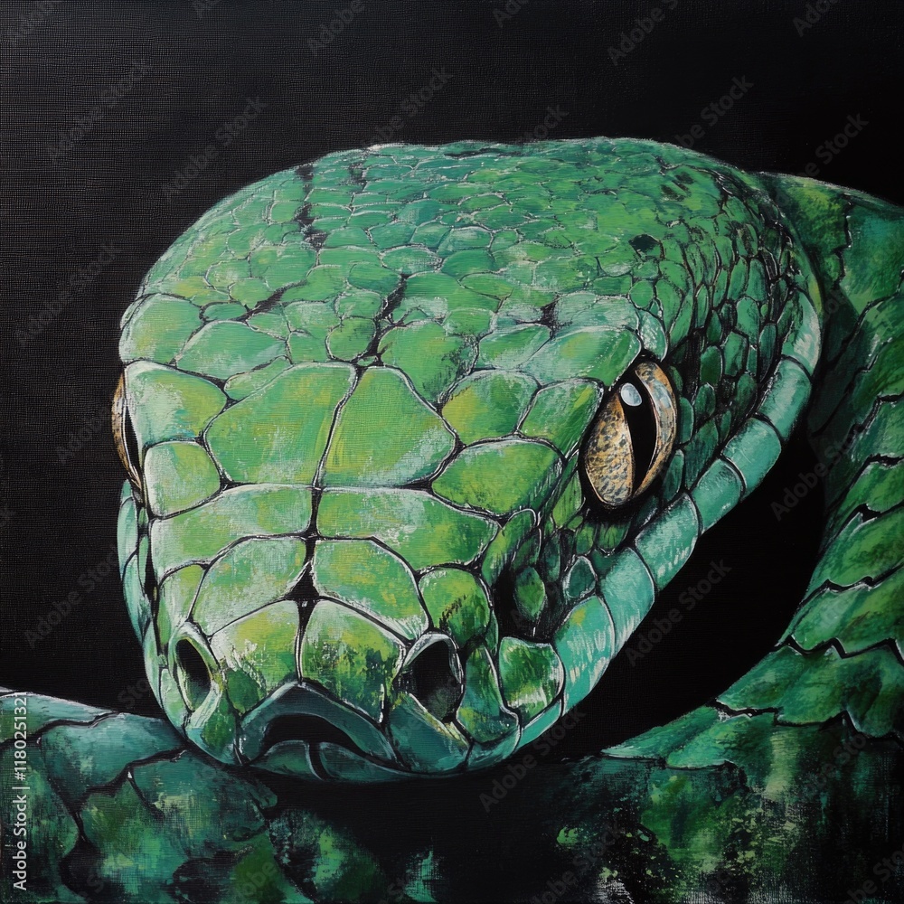 Poster a green snake on a dark and mysterious background, perfect for use in fantasy or sci-fi illustration