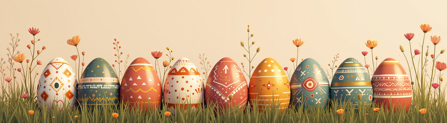 Earthy boho-style Easter illustration of decorated eggs in muted pastels, arranged organically on a grassy field with pampas grass and wildflowers, set on a warm sandy beige background.