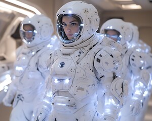 Female astronauts in futuristic white suits.