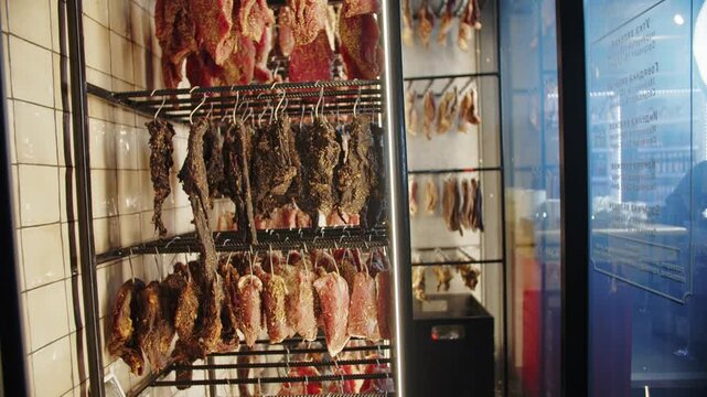 Meat and poultry hanging on curing racks