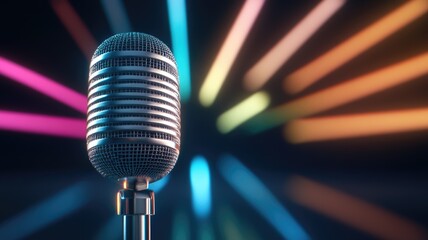 Retro microphone with colorful light streaks in background for music and performance themes