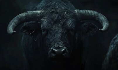 Naklejka premium Bull with large horns is staring at the camera. The image has a dark and moody atmosphere, with the bull's intense gaze and the black background