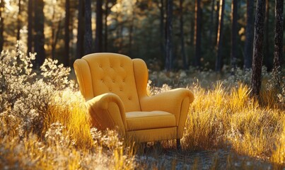 A cozy yellow armchair in a sunlit forest with tall grass and trees.