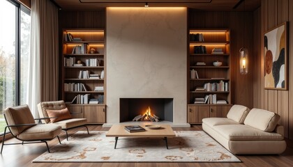 Art deco interior japandi living room with a fireplace, bookshelves, and comfortable seating arrangements.