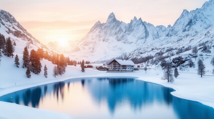 Majestic winter sunrise illuminating snowy mountains and serene alpine lake with cozy chalet
