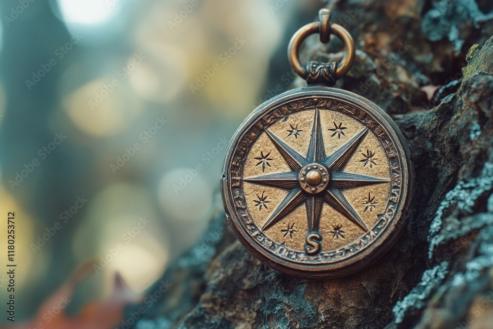 Poster A close-up view of a compass stuck in a tree trunk, possibly used for navigation or decoration