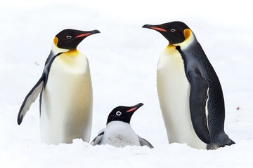 Fototapeta premium A pair of penguins stand side by side in a snowy environment