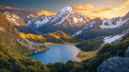 Obraz premium Majestic winter sunrise illuminating snowy mountains and serene alpine lake with cozy chalet
