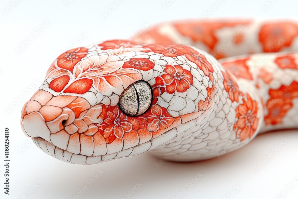 Poster a close-up view of a snake's head and body on a white surface