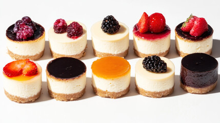 Assorted mini cheesecakes with various fruit toppings arranged on white background.