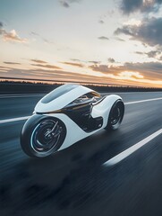 Obraz premium A photo of a futuristic electric motorcycle speeding through an empty highway.