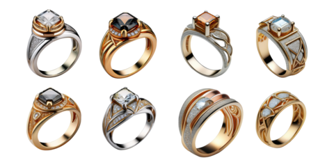 Elegant Set of Unique Custom Rings on Transparent Background