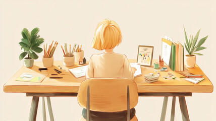 Fototapeta premium スケッチをする若い金髪の女の子のイラスト