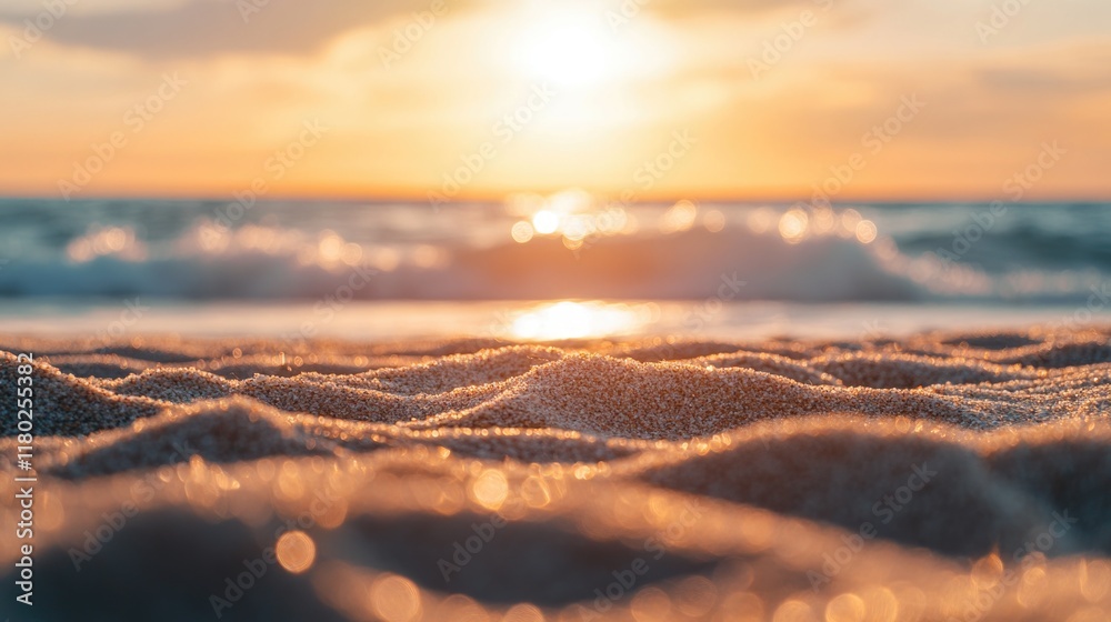 Poster a serene image of a sunset over a calm ocean, with people relaxing on the beach in the background