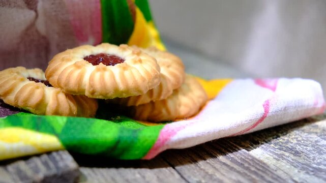 Cookies with cherry jam. Homemade freshly baked shortbread cookies