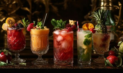 A vibrant assortment of mixed drinks with a variety of fruits and garnishes, perfect for a festive occasion or a hot summer day.