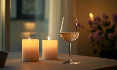 Candlelit table with a wine glass and two candles. The candles are lit and the wine glass is half full. Scene is romantic and intimate