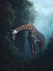Naklejka premium A photo of a giraffe grazing on the leaves of a tall tree in the African wilderness.