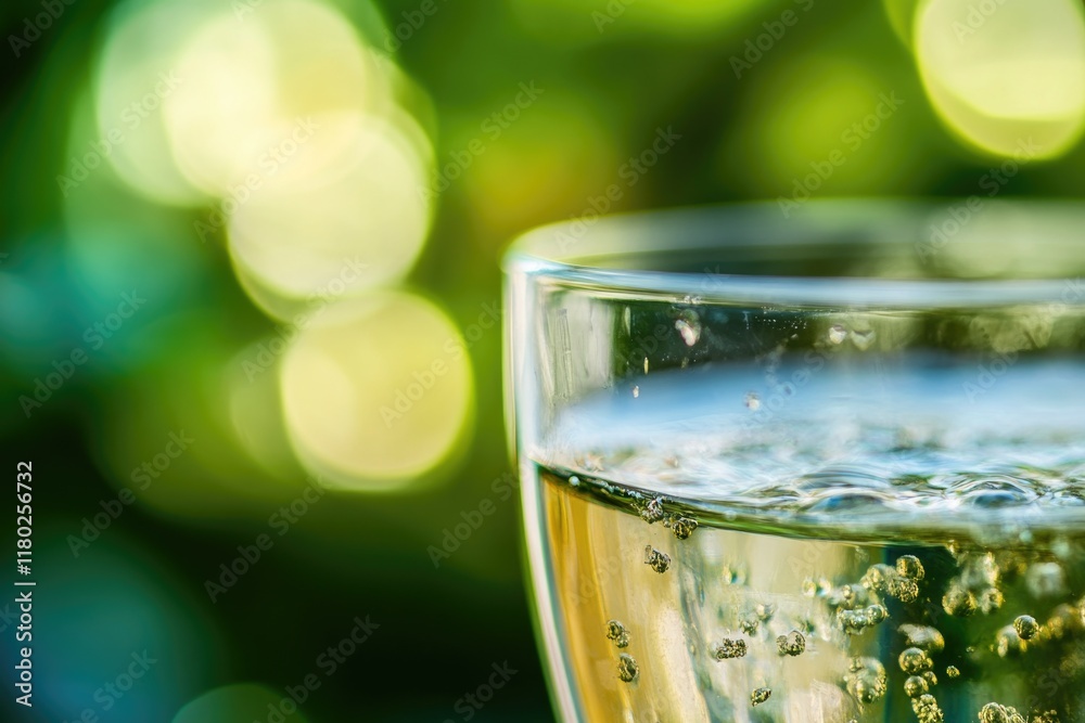 Poster a close-up shot of a glass of water with visible bubbles, ideal for use in still life photography or