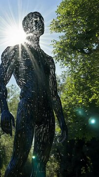 Sunlight creates intriguing effects on a wire sculpture in a lush green park