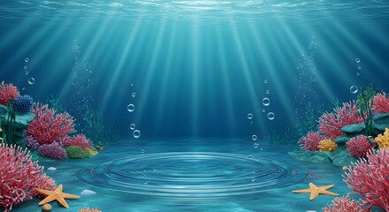 Underwater coral reef background with sunlight beams for oceanic and marine themed visual design