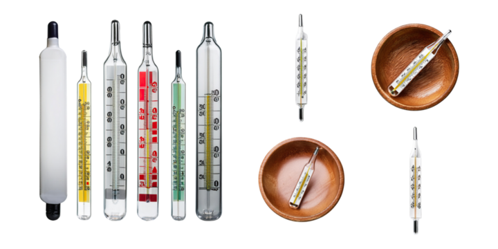 Various Thermometers with Bowls on Transparent Background