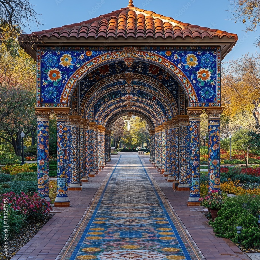 Poster A vibrant and ornate archway in a park setting with a clock tower visible in the background
