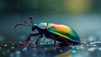Fototapeta premium Vibrant Rainbow Bug on Raindrop-Covered Surface