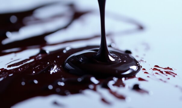 Chocolate sauce drips down a white surface. Concept of indulgence and pleasure, as the rich, dark chocolate sauce is a symbol of luxury and decadence